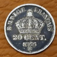 20 сантима 1866 буква BB Наполеон III сребро, снимка 1 - Нумизматика и бонистика - 43701056
