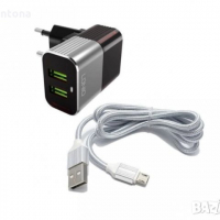 Мрежово зарядно устройство LDNIO A2206, 5V 2.4A, 2 x USB, С Micro USB кабел, Сив, снимка 1 - Оригинални зарядни - 36537201