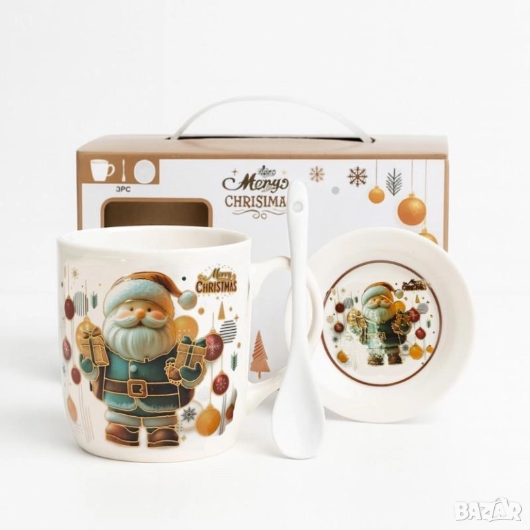 Комплект Коледен сет чаша с чиния и лъжица, снимка 1