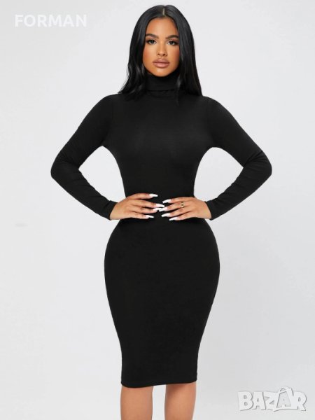 Черна рокля по тялото с поло-яка и дълъг ръкав ХС/С размер , снимка 1