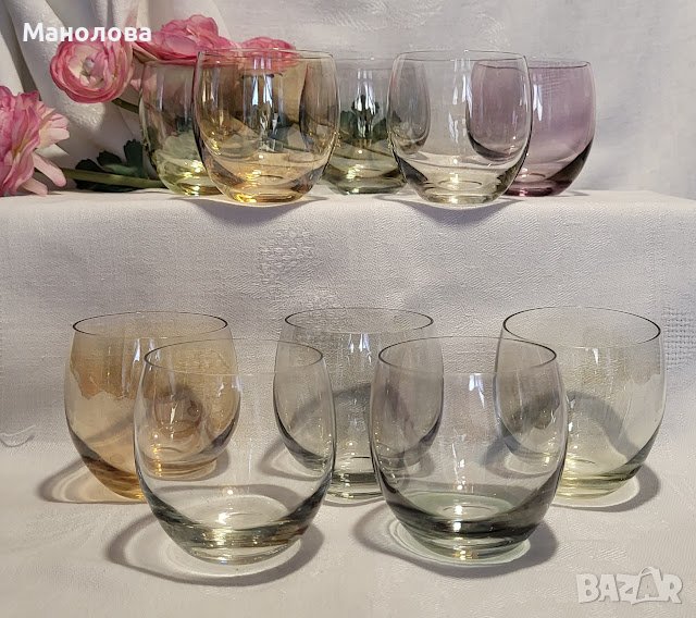 Винтидж стъклен комплект Roly Poly от 10 чаши в различни цветове., снимка 1