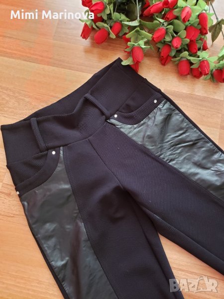 Черен панталон с кожа и камъчета, снимка 1
