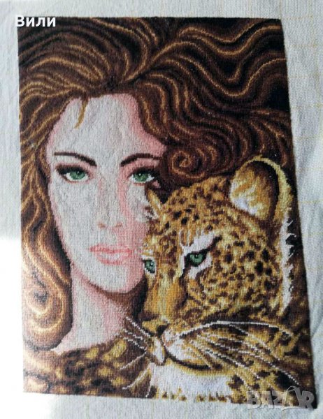 Гоблен "Жена с леопард" 21*28см, снимка 1