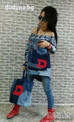 Дива къса рокля дънкова с каре и червени акценти, , снимка 1