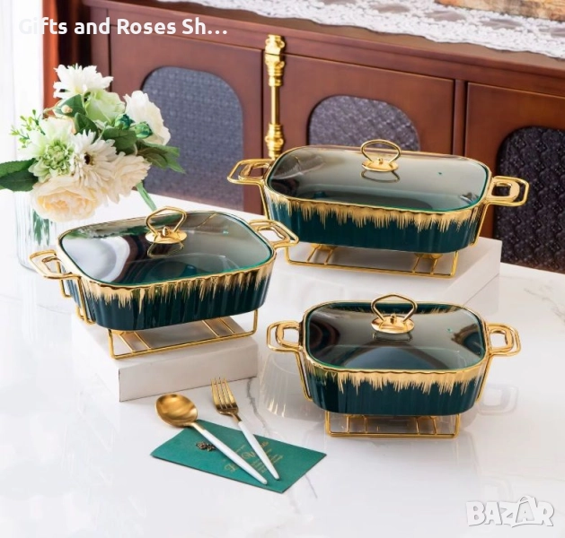 Съд за топло сервиране в зелено и златно с две подгряващи свещи, снимка 1