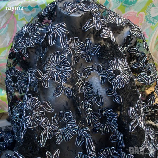 Плат френска дизайнерска 3D дантела черна, снимка 1