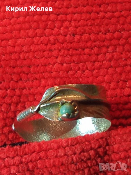 СТАРИННА ЛИСТОВИДНА АРТ НУВО СРЕБЪРНА ОБЕЦА STERLING D АНГЛИЯ РЪЧНА РАБОТА с НАТУРАЛЕН ТЮРКОАЗ 40322, снимка 1