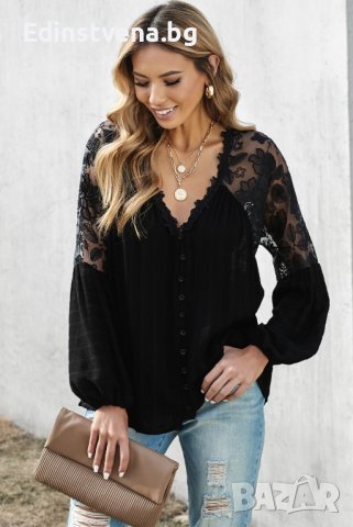 Ефектна дамска блуза в черно, снимка 2 - Блузи с дълъг ръкав и пуловери - 43259178
