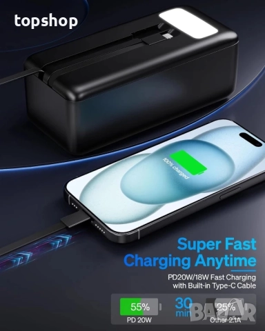 Чисто нова 50000mAh външна батерия с вградени кабели: 22.5W бързо зареждаща се външна батерия..., снимка 2 - Друга електроника - 51637854