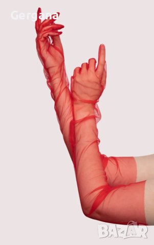 дълги червени ръкавици от тюл, снимка 3 - Ръкавици - 44133891