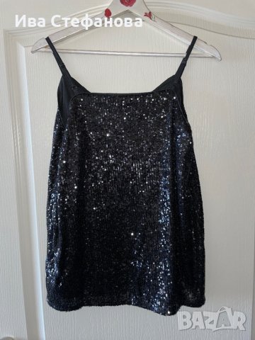 Черен нов еластичен парти коктейлен официален топ потник черни пайети