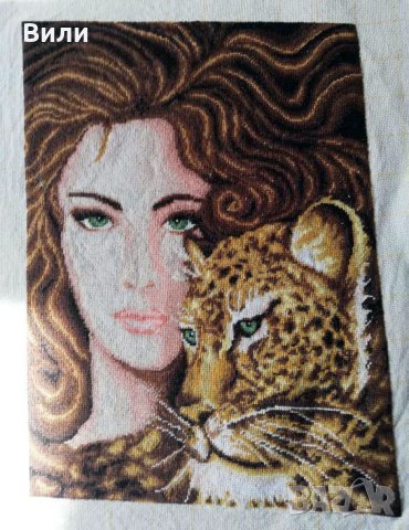 Гоблен "Жена с леопард" 21*28см, снимка 1 - Гоблени - 11444562