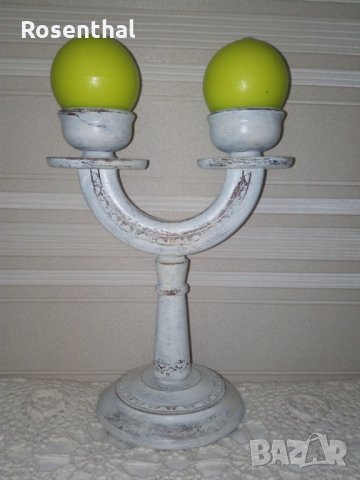 Шаби-шик дървен свещник в комплект с 2 свещи, снимка 1