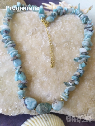 Комплект колие и пръстен от естествен Ларимар, снимка 2 - Колиета, медальони, синджири - 50701773