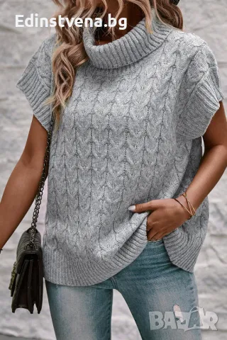 Дамски пуловер в сиво с къс ръкав и поло яка, снимка 3 - Блузи с дълъг ръкав и пуловери - 48577322
