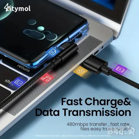 USB A  към USB Type C кабел на 90 градуса, до 80 W  бързо зареждане, найлонова оплетка - 2 метра, снимка 2 - USB кабели - 47273328