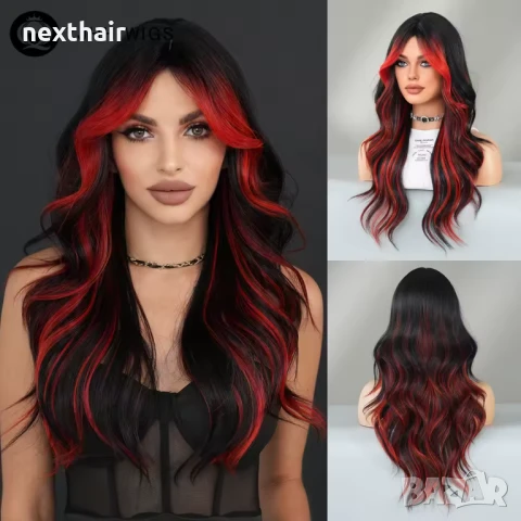 Ефектна черна перука с червени кичури с дълъг бретон, снимка 2 - Аксесоари за коса - 51313988