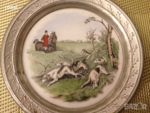 Нови! Старинни немски чинии ловна тематика рисуван порцелан и калай, чиния чинийки, снимка 5 - Антикварни и старинни предмети - 43170636