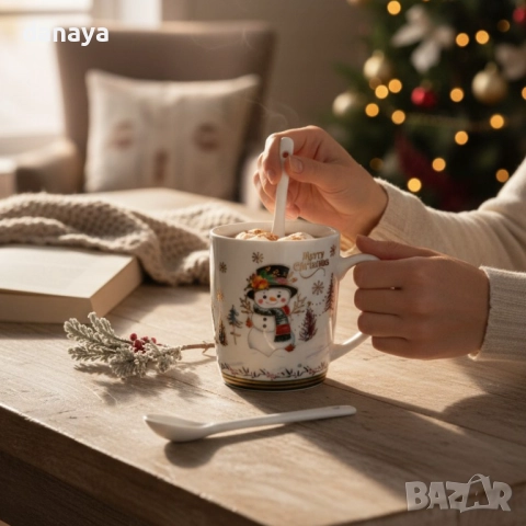 6240 Коледна чаша с лъжичка Merry Christmas в подаръчна кутия, снимка 5 - Чаши - 52120793