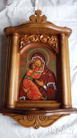 Дърворезба-домашен иконостас с иконопис "Богородица с младенеца", снимка 2 - Други - 22001601