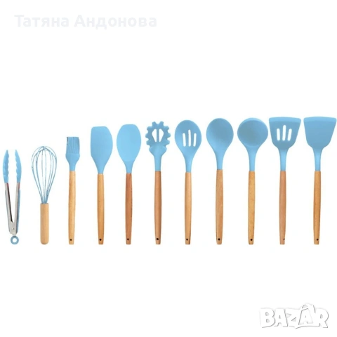 Комплект 12 части кухненски прибори със стойка Cheffinger- силиконови накрайници , дървени дръжки  , снимка 2 - Прибори за хранене, готвене и сервиране - 53413644