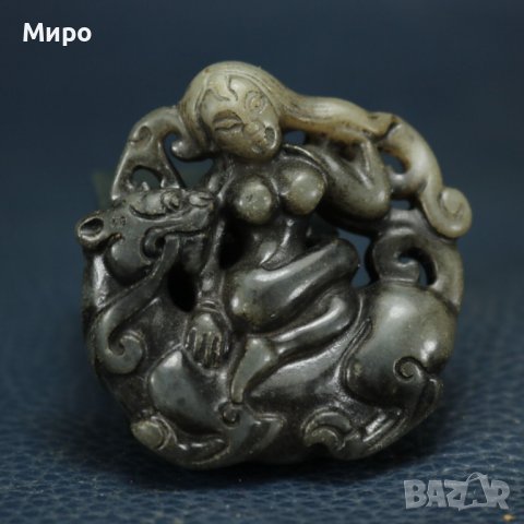 ЕСТЕСТВЕН НЕФРИТ ЖАДЕИТ ЕРОТИКА ТИГЪР ФИГУРКА ТАЛИСМАН ГРАВИРАН 