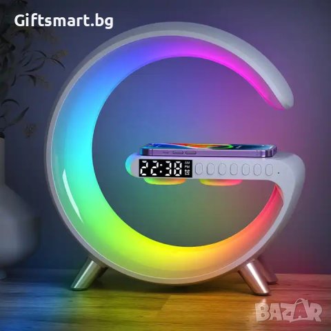 Смарт G лампа с безжично зарядно, блутут колонка, часовник и будилник, снимка 2 - Настолни лампи - 43211531