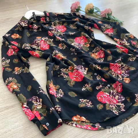 Разпродажба спешно Елегантна oversize риза H&M с принт цветя на черен фон XS/S/M, снимка 4 - Ризи - 43196835