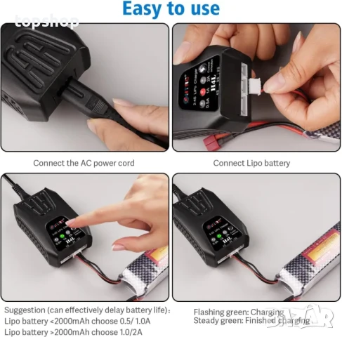 НОВО Зарядно устройство за литиеви батерии KASTWAVE, 20W Lipo 2A за пакет батерии 2-4S Lipo, H4L..., снимка 4 - Куфари с инструменти - 50493088