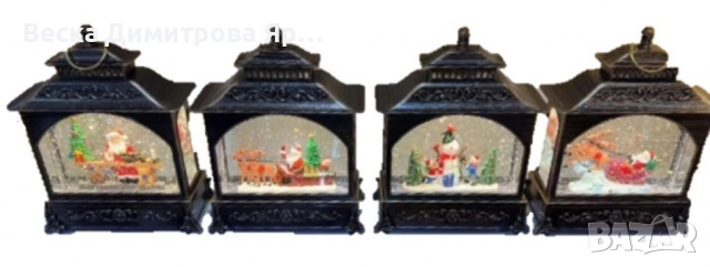 Коледна лампа със сняг и коледни орнаменти