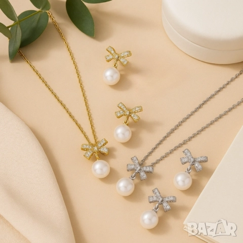 Комплект колие и обеци с перли и панделки/ устойчив метал, снимка 2 - Бижутерийни комплекти - 51926881