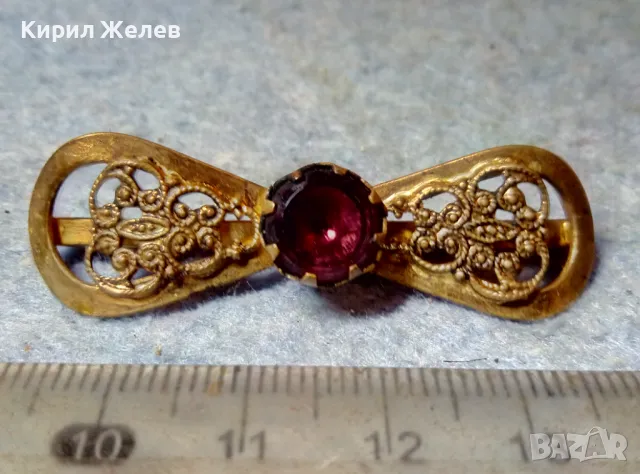 СТАРИННА ФИЛИГРАННА БРОНЗОВА СКЪПОЦЕННА БРОШКА - ПАНДЕЛКА с ФАСЕТИРАН АМЕТИСТ 48884, снимка 5 - Антикварни и старинни предмети - 48160523