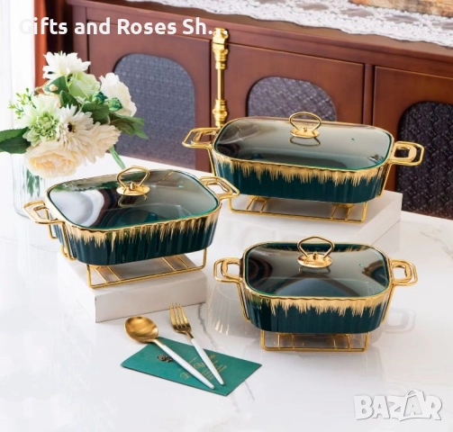 Съд за топло сервиране в зелено и златно с две подгряващи свещи