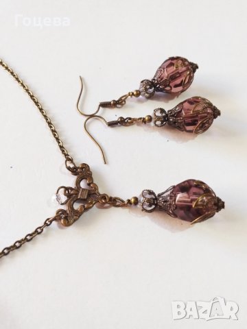 Разкошен комплект бижута с кристали цвят бургунди и великолепни орнаменти в бронзов цвят , снимка 6 - Бижутерийни комплекти - 33622946