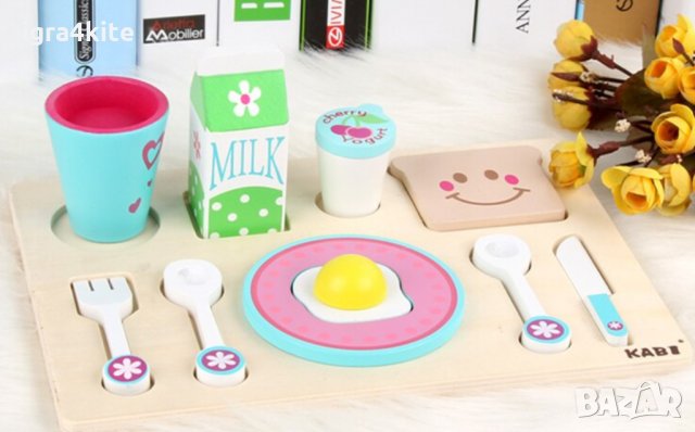 Дървена храна за детска закуска с мляко, чашка, яйце и хлебче, снимка 2 - Други - 35117946