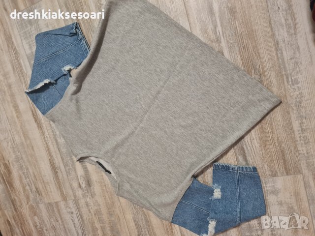 Сива блуза с дънков елемент, снимка 1 - Блузи с дълъг ръкав и пуловери - 43480739