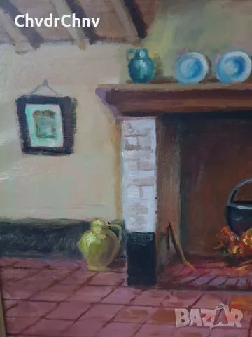 Ceuls 74х67см/стара картина масло върху платно/натюрморт-стая-камина/дървена рамка, снимка 4 - Картини - 49183872