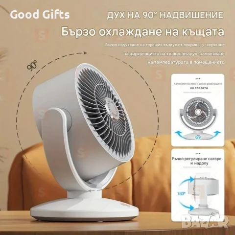 USB Безжичен вентилатор за въздушна циркулация – Ротация 360°, настолен/стенен монтаж, с осветление , снимка 4 - Други стоки за дома - 51061388