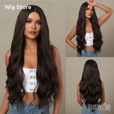 Дълга на вълни кафява перука без бретон