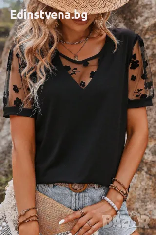 Дамска блуза в черно с детайли от флорален тюл, снимка 4 - Други - 50081862