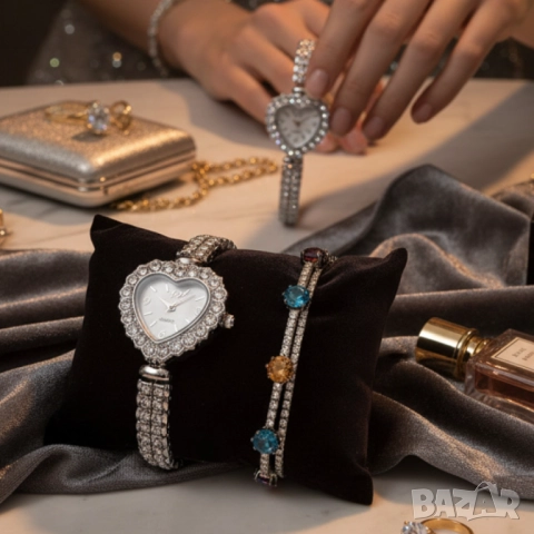 Сърцевиден дамски часовник с гривна и кристали – стил и практичност в кутия, снимка 5 - Бижутерийни комплекти - 51947443