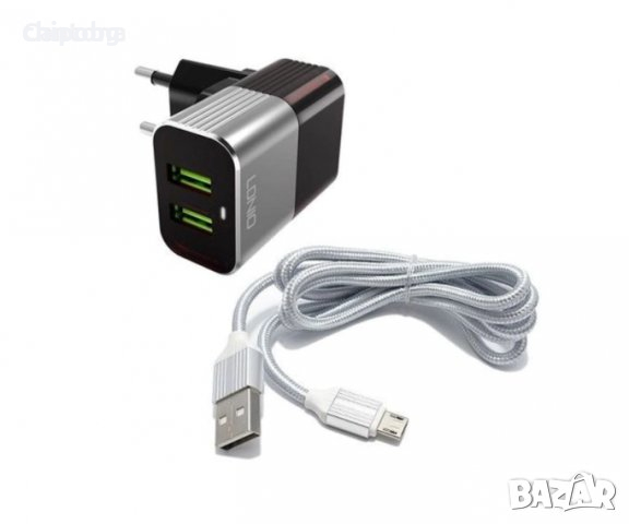Мрежово зарядно устройство LDNIO A2206, 5V 2.4A, 2 x USB, С Micro USB кабел, Сив