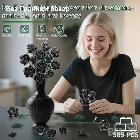 Нови Черни рози от конструктор – готически букет за подарък и дом декор, снимка 2 - Декорация за дома - 51145980