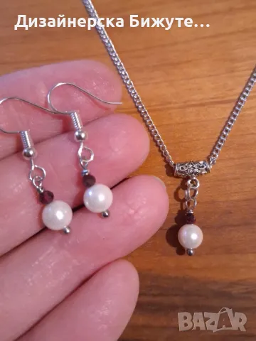 Нежен и стилен комплект бижута обици и колие с камъни Гранат и бели перли Майорка , снимка 4 - Бижутерийни комплекти - 49314890
