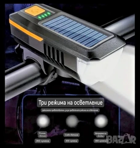 Фар ,клаксон за велосипед, скутер с вградени соларни панели за зареждане , снимка 4 - Аксесоари за велосипеди - 51291493