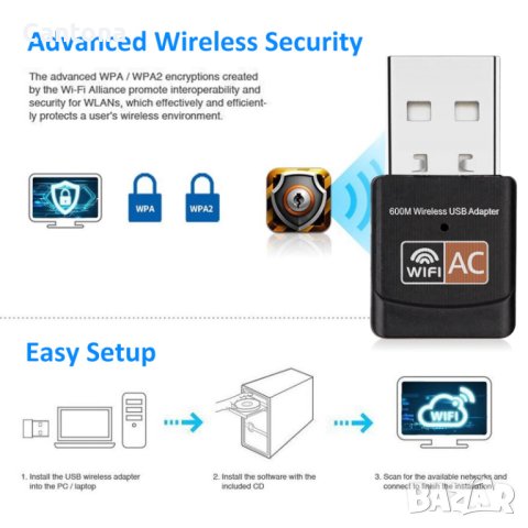 USB Wifi адаптер 600Mbps Dual Band 2.4G/5GHz, безжичен мрежов адаптер Mini WiFi Dongle, снимка 7 - Мрежови адаптери - 40257744
