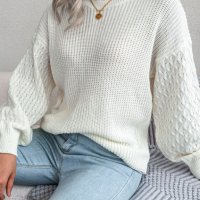 Дамски плетен пуловер с дълъг фенер ръкав за свободното време, 3цвята - 024, снимка 8 - Блузи с дълъг ръкав и пуловери - 43468486
