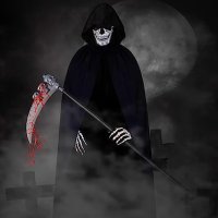 Костюм на Grim Reaper Хелоуин 4 части, черно наметало с маска на черепа, коса, скелетни ръкавици, снимка 5 - Други - 44069211