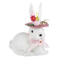 Великденско декоративно фигура на зайче Бяла розова шапка Цветя 30 см, снимка 1 - Декорация за дома - 44078449