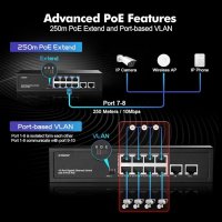 YuLinca 10-портов Poe превключвател, 8-портов PoE+ и 2-Gigabit Uplink, 96W , снимка 7 - Суичове - 43214883